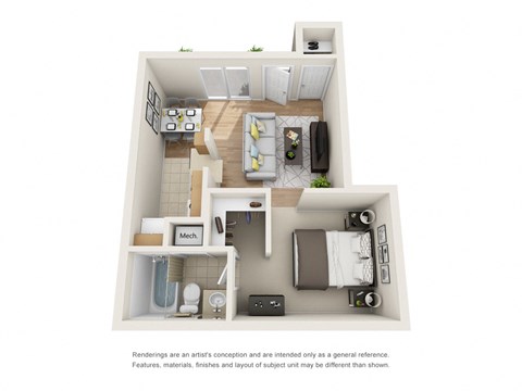 Floor plan for 1 bed, 1 bath, 424 sqft
